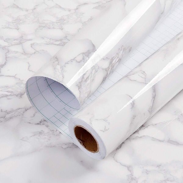 Hode Furniture Film, Self-Adhesive Film, White, Marble, 30 cm x 2 m, Adhesive Film, Marble Look, Furniture, Kitchen, Wall Protection Film, Cabinets, Dining Table, Waterproof, Removable