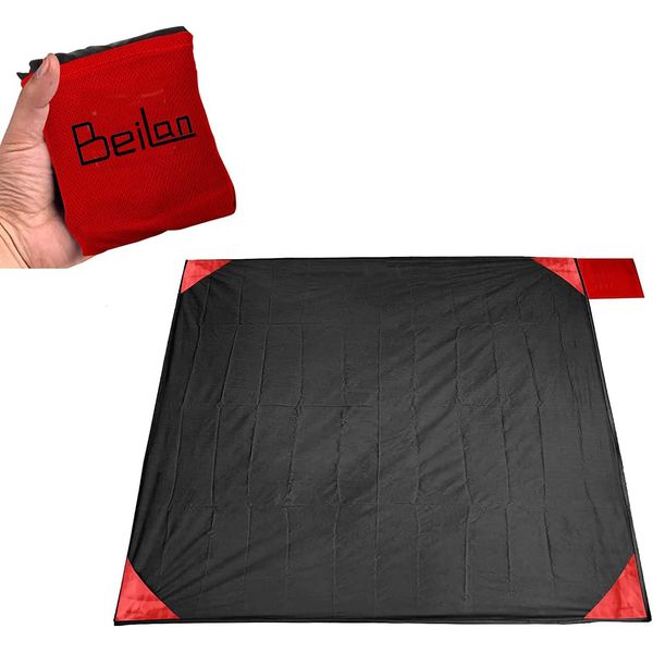 BeiLan Mini Pocket Picnic Blanket Durable Lightweight Waterproof Sand Proof Beach Camping Travel Mat Foldable Thin Ground Sheet for Outdoors Activities (150 * 180cm, Black & Red)