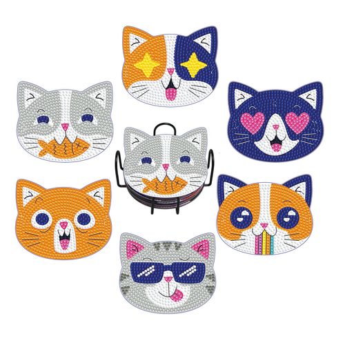 6PCS Cat Diamond Art Coasters Kits, Diamond Painting Coasters with Holder Set of 6, DIY Drink Coasters Art Crafts Supplies for Adults Cup Mat for Home Decor House Warming Gifts Non-Slip 3.9inch