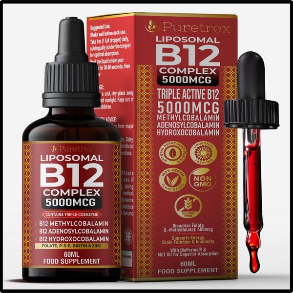PURETREX Liposomal B12 Complex 5000MCG – High Strength Triple Active B12 (Methylcobalamin, Adenosylcobalamin, Hydroxocobalamin) – UK Made – High Absorption – Energy, Brain & Nerve Support – 60ML