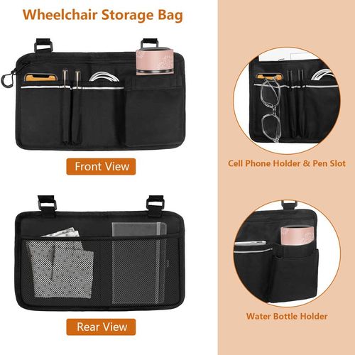 HIKASO Wheelchair Side Bag, Armrest Accessories Storage with Reflective Stripe and Cup Holder for Most Wheelchairs, Walkers or Rollators (Black)