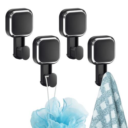 TAILI 4 Pack Powerful Suction Cup Shower Hooks for Towel, Loofah, Clothes, Damage Free Hanging Versatile Utility Wall Holders, Stylish Removable Suction Hooks for Inside Shower, Easy to Install, Black