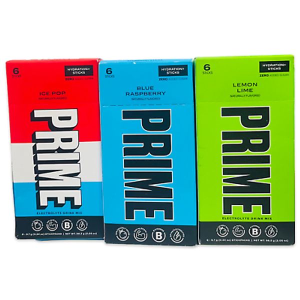 3 boxes Prime Hydration Sticks 6-Pack Electrolyte Drink Ice Pop Lime Raspberry