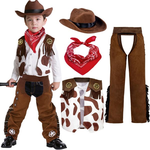 Spooktacular Creations Halloween Cowboy Costume for Boys, Kids Cowboy Costume Set, White&Brown Western Style Cowboy Outfit with Cowboy Hat for Toddler Dress-up, RolePlay Party (Small (5-7 YRS))