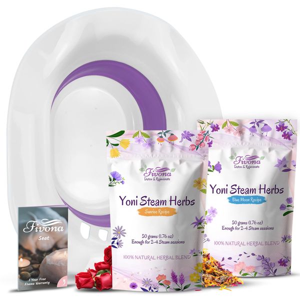 Fivona Yoni Steam Kit 3-in-1 Complete Set of Over The Toilet Foldable Steamer Seat and Hand Pump with 1 Pack of Blue Moon and 1 Pack of Sunrise Yoni Steaming Herbs