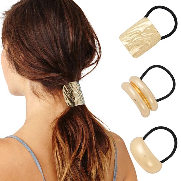 Molans 3PCS Metal Elastic Hair Ties - Pony Tails Metal Hair Holder Mixed Alloy Hair Cuffs For Women (Gold)