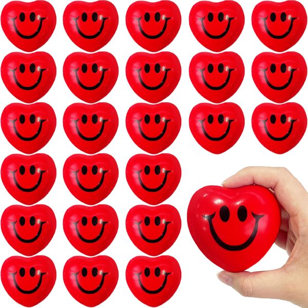 24 PCS Valentine's Day Heart Stress Balls,Red Smile Face Squeeze Balls,Heart Shaped Foam Balls for Kids and Adults,Valentine Party Favors