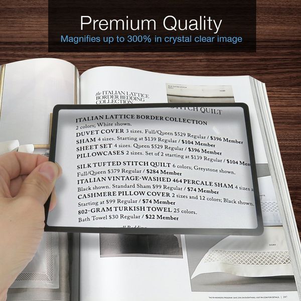 MagniPros Premium 3X (300%) Page Magnifying Lens with 3 Bonus Bookmark Magnifiers for Reading Small Prints, Low Vision Aids & Solar Projects