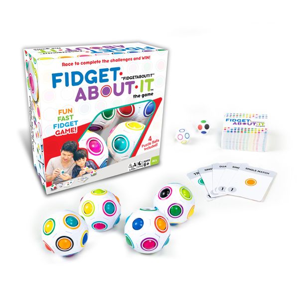 Continuum Games Fidget About It The Fast Paced Puzzle Dice Rolling Fidget Toy Board Game - Click The Orbs and Solve The Puzzles On The Cards - Fun for Family Game Nights - 2-4 Players Ages 6 and Up