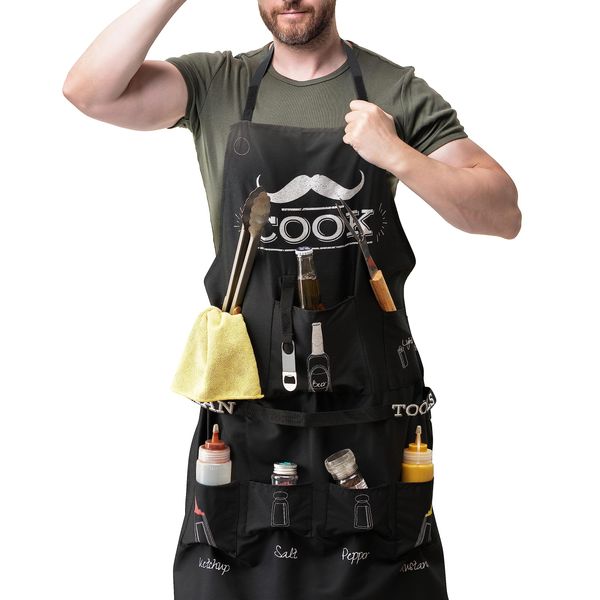 Bramble - Men’s BBQ Chef Apron with Multi-Functional Pockets and Chef Hat - Waterproof Utility Apron, Funny BBQ Cooking Grilling Chef Gift, for Dad Husband Boyfriend at Birthday Garden Party