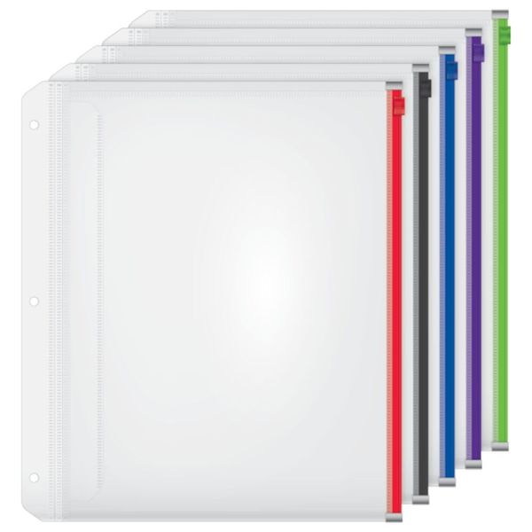 Cardinal Plastic Zippered Binder Pockets, 3-Hole Punched, Fits Full Letter Size 8-1/2" x 11" Sheets, Clear with Multicolor Zippers, 5-Pack (14650)