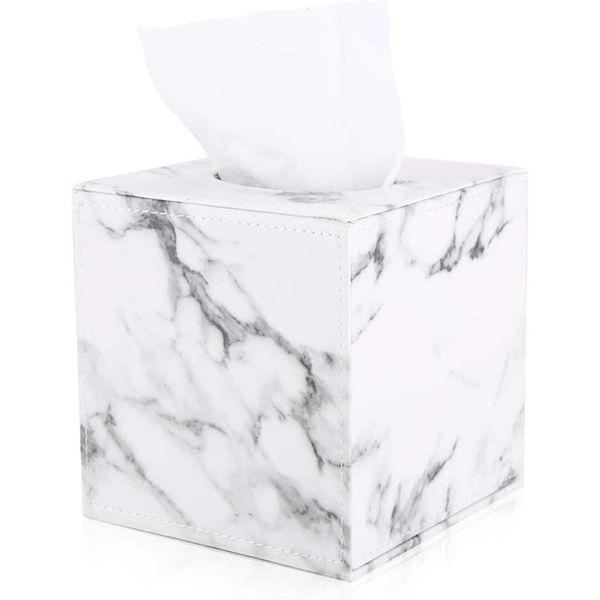 GORESE Marble Tissue Box Holder - Leather Cube Square Tissue Box Cover Holder,Household Office Tissue Cover Case Paper Holder Napkin Holder Desk Organizer(White Marble)