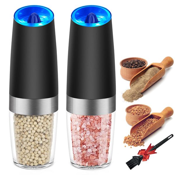 Enutogo Electric Salt and Pepper Grinder Set, Automatic Gravity Salt and Pepper Mill with Adjustable Coarseness, Salt and Pepper Shakers Battery Powered with LED Light, One Hand Operation