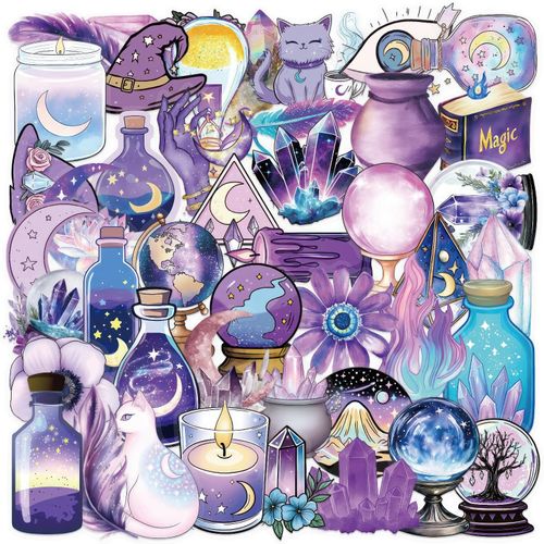 50 Pack Magic Witch Holographic Stickers for Teens- Transparent Waterproof PET Stickers for Journal, Phone Case, Cup, Laptop, Scrapbook- Ins Aesthetic Scrapbook Decorations