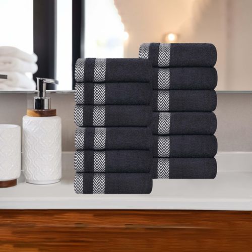Superior Cotton Face Towel/Washcloth Set, Small Facial Towels, Plush Soft Absorbent, Hotel, Gym, Guest, Home, Bathroom Basics, Luxury, Fluffy, Quick Dry, Hays Collection, Set of 12, Black