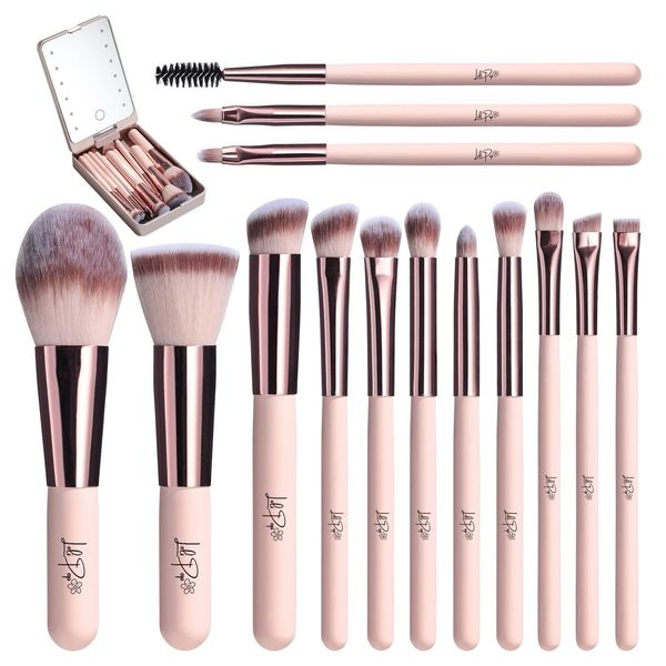 LOLI POP Travel Makeup Brush Set Foundation Powder Concealers Eye Shadows Makeup Set with LED light Mirror 14 Pcs Mini Makeup Brushes (APINK)