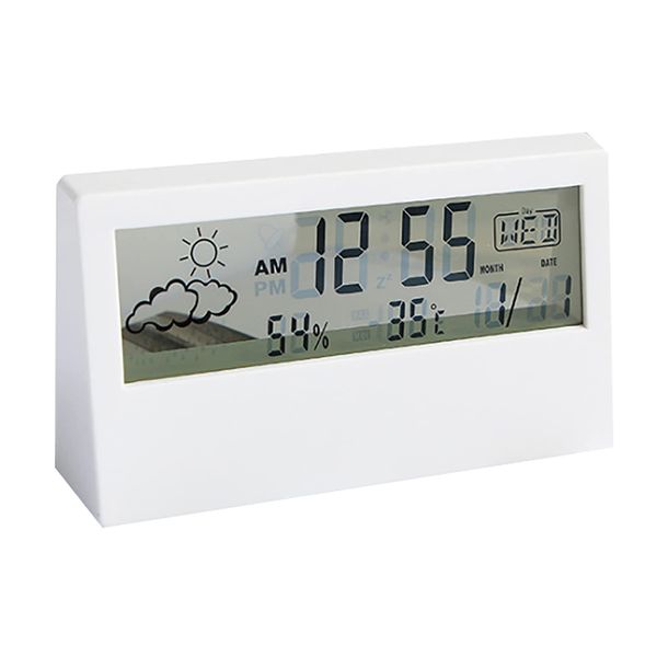 Transparent LED Digital Display Electronic Alarm Clock with Snooze Function Loud Clock Automatic Temperature and Humidity Detection Date Weather Display Small Desk Clock Bedroom Indoor