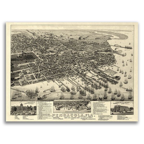 Pensacola Florida 1885 Historic Panoramic Town Map - 24x32