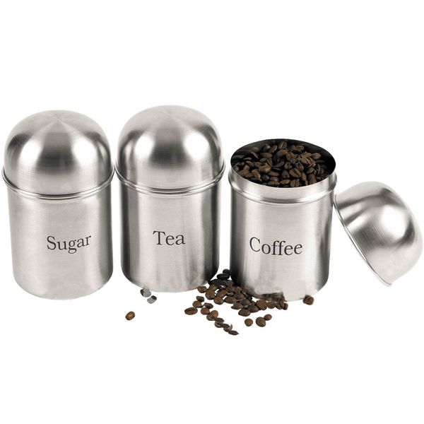 New 3 PC Canister Set Coffee Tea Sugar JAR LID CANISTERS Storage CONTAINERS Stainless Steel | Modern Kitchen Decor Storage Organiser | Tight Seal AIR-Tight for Freshness