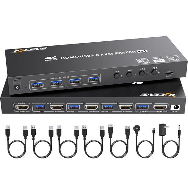 KCEVE HDMI KVM Switcher, PC Switcher, 4 Inputs and 1 Output, 4K@60Hz, EDID Function, USB Switcher with 4 USB 3.0 Hubs, Supports Wireless Keyboard and Mouse
