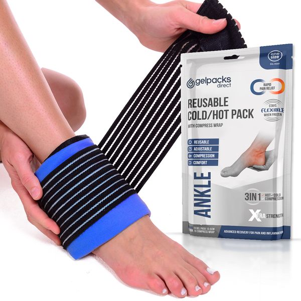 Ankle Ice Pack Wrap for Sports Injuries, Hot/Cold Gel Pack for Plantar Fasciitis, Achilles Tendonitis, Joint Pain Relief - Microwavable Heat/Cold Compress Support for Sore Feet by Gelpacks Direct