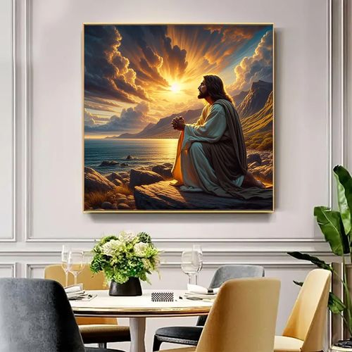 Jesus Seashore Prayer Diamond Art Kits for Adults, 5D Diamond Painting Kits for Adults Beginners, DIY Full Round Drill Diamond Dot Painting Gem Art Kits for Adult, Home Wall Decor 13.8x13.8 Inch