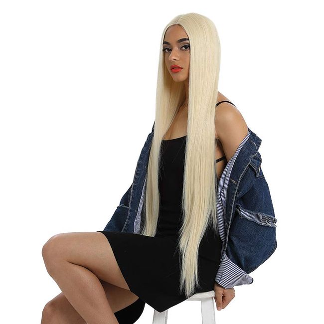 Style Icon 38” Super Long Straight Wigs Lace Front Wigs 6” Deeper Middle Part Lace Wig 613 White Synthetic Wigs(38", 613)