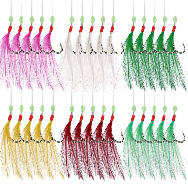 Rodeel 6 Packs/30 Hooks Mackerel Feathers Sea Boat Beach Pier Lure Fishing Rigs, 5 Hook Positions/Feather Rig，6 Colors Selection Pack
