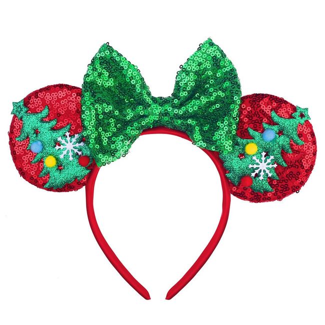 JUTTIRA Christmas Mouse Ears Hair Band Bow Headbands Xmas Headwear, Santa Claus Hair Hoop Princess Head Bopper Cosplay Costume Tiara For Kids Girls & Adult (Red Green)