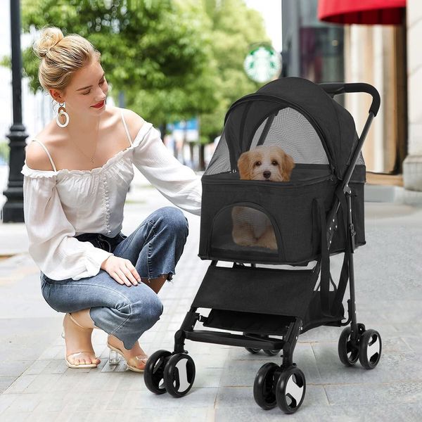 4 Wheels Pet Stroller 3-in-1 Dog Cat Folding Lightweight Travel Stroller Black