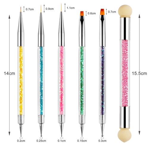 Sularpek 6 Pcs Double Ended Dotting Nail Art Brushes,Nail Design Brush,Nail Art Pen,Nail Dotting Tool,Nail Polish Brush With 1 Double-Ended Nail Art Sponge Brush Applicator for DIY Nail Art Designs