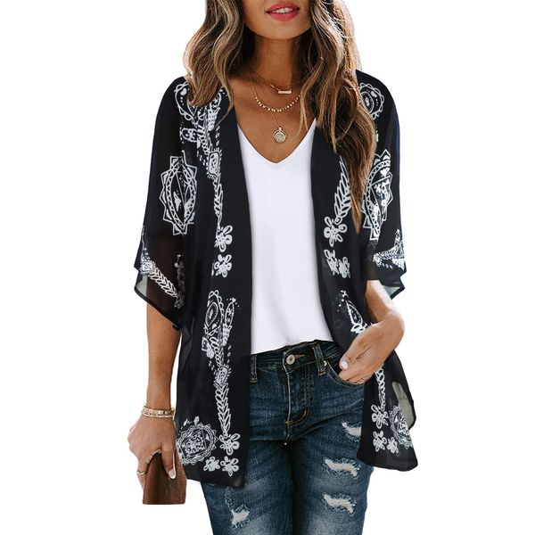 Summer Kimono Cardigan for Women Sheer Boho Tops Casual Open Front Swimwear Shirts Beach Cover ups (Caftan Black,L)