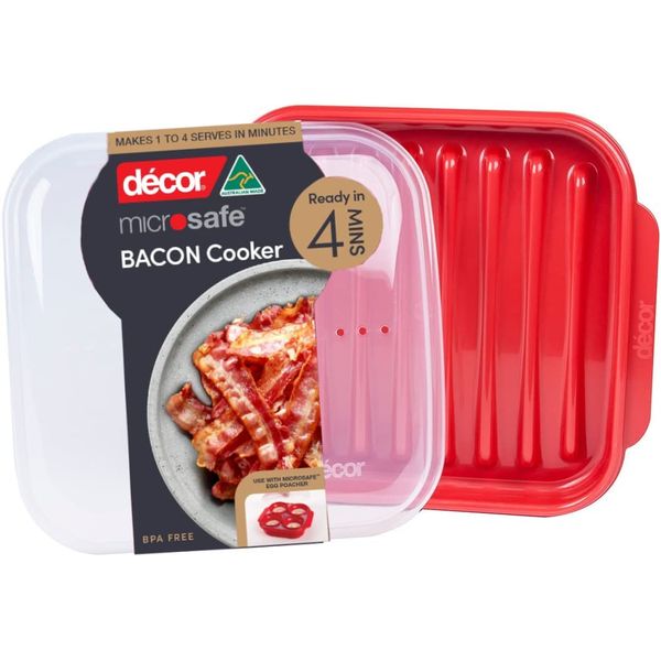 Décor Microwave Bacon Cooker | Splatter Proof Crisper Tray with Lid | Dishwasher Safe | BPA-Free Red