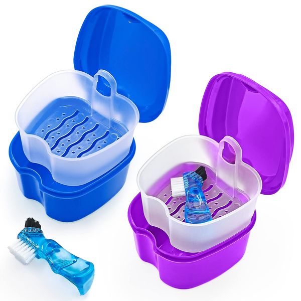 2 Pack Denture Bath Case Dental False Teeth Holder with Brush, Retainer Cleaning Case Denture Bath Cup Storage False Teeth Travel Case with Strainer - Purple and Dark Blue