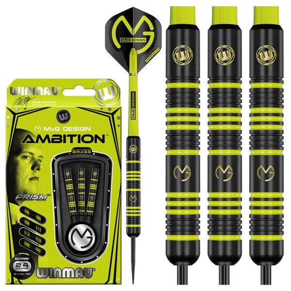 WINMAU Michael Van Gerwen MvG Ambition Brass Steeltip Darts Set 24 Gram with Prism Flights and Nylon Shafts (Stems)