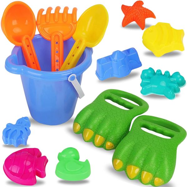 Liberty Imports 13 PCS Beach Sand Toys, Dinosaur Claw Hand Scoop Play Set with Bucket, Shovel Tools, Animal and Castle Sand Molds - Beach Sandbox Toys for Toddlers & Kids