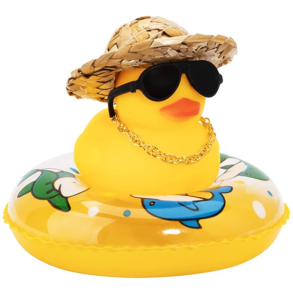 wonuu Car Rubber Duck, Yellow Duck Decoration Dashboard with Sun Hat Swim Ring Necklace Sunglasses for Car Dashboard Decorations