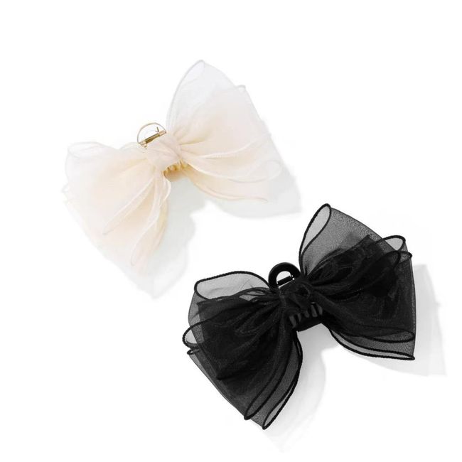 Big Bow Hair Claw Clips for Women, 2 Pcs Hair Bows for Women, 4.3 Inch Large Black Cream Lace Bow Claw Hair Clips for Women