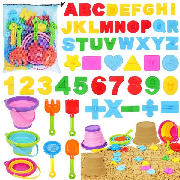 Oun Nana Sand Toys for Kids, 55 PCS Beach Toys with Collapsible Sand Buckets and Shovels Set, Numer Letter Symbol Sand Molds, Storage Mesh Bag, Travel Beach Sand Toys for Toddlers Boys Girls