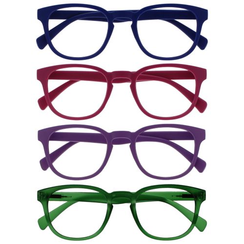 Opulize Pop Reading Glasses 4 Pack Fun Round Matt Frame Blue Fuscia Pink Purple Moss Green Spring Hinges Scratch Resistant Mens Womens RRRR2-3456 +2.00