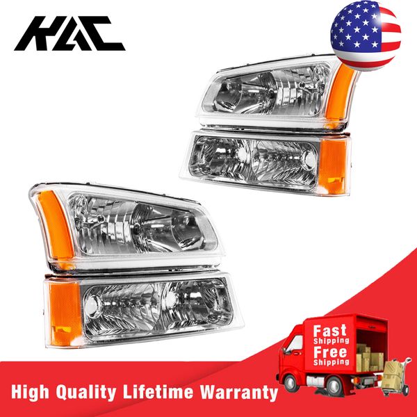 Headlights Bumper Lamps Set with Light for 2003-2006 Chevy Silverado Avalanche