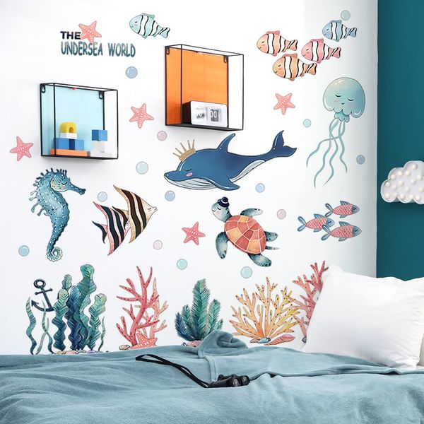 WandSticker4U®- XXL Aquarelle Wandtattoo UNTERWASSERWELT Kinderzimmer (141x118 cm) I Wandsticker Badezimmer Fliesen Fische Wal Schildkröte Seepferdchen I Wand Deko Bad Junge & Mädchen GROSS