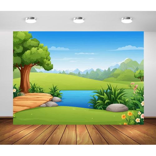 BELECO 7x5ft Fabric Cartoon Mountain Forest Backdrop Green Hills River Pond Grassland Background Cartoon Forest Party Decorations Banner Kids Photoshoot Studio Props