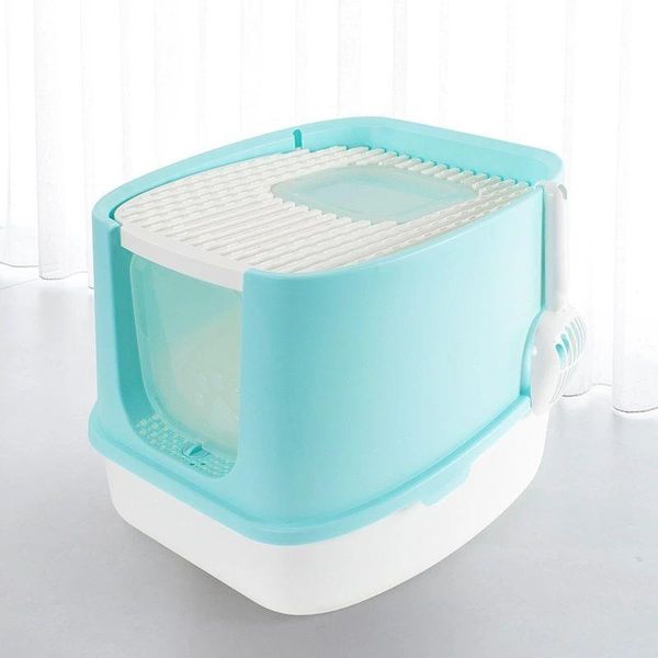 Fashionable Enclosed Cat Litter Box With Anti-Splash Design - Blue / Large