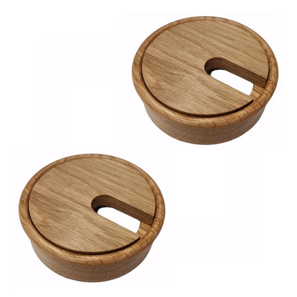 Gedotec Cable Grommet Oak Wood Varnished | Plain | Pack of 2 Round Cable Outlets | Cable Box Drill Diameter 80 mm | Cable Guide for Gluing in Worktop | Desk Duct - Cable Outlet