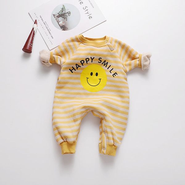 Baby 1pcs Striped & Dot Pattern Long Sleeved Romper Jumpsuit - 66 (3-6M) / Yellow