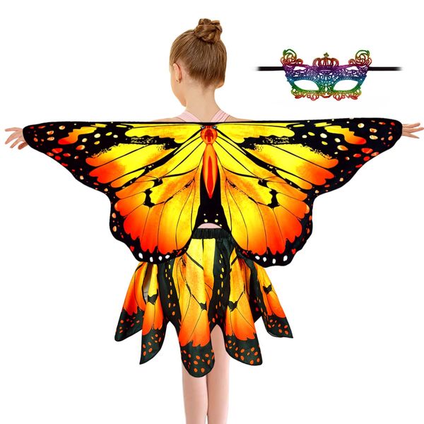 Kids Butterfly Wings Costume for Girls Fairy-Wings Toddler Dress Up Play Costumes Butterfly Skirt Set Mask Party Favors Gifts(Orange+Skirt Sets)