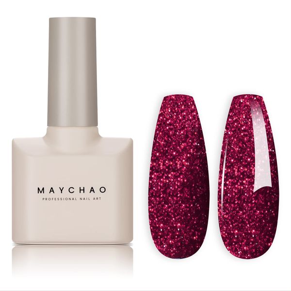 MAYCHAO Glitter Gel Nail Polish, 15ML Burgundy Glitter Gel Nail Polish, Soak Off UV LED Nail Gel Polish Nail Art Starter Manicure Salon DIY at Home, 0.5 OZ