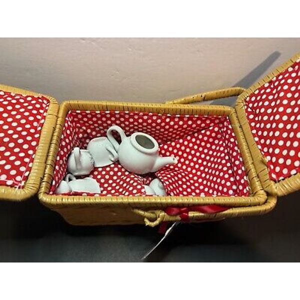 Mini Wicker Picnic Basket W/Ceramic Lady Bug Tea Set Schylling Red White