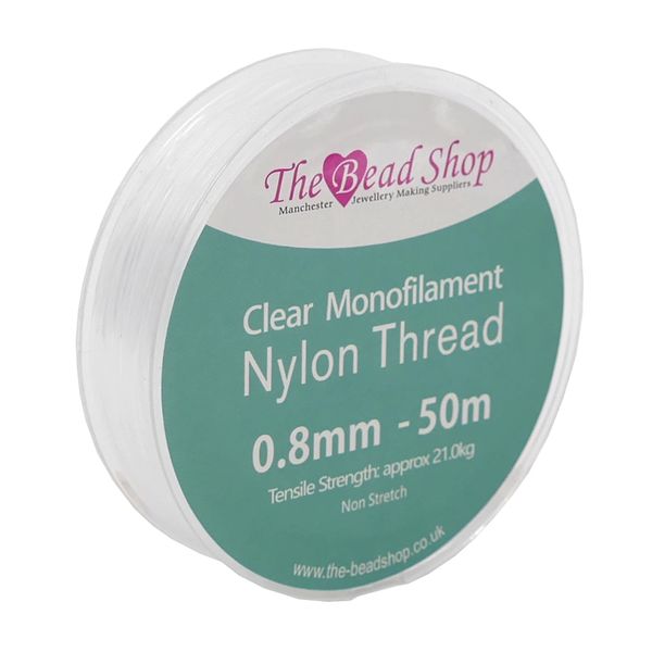 The Bead Shop 0.8mm Clear Nylon Thread Invisible String, Clear Sewing Thread, Decoration Hanging, Non-Stretch, Approx Tensile Strength 21kg (0.8mm - 50m Spool)